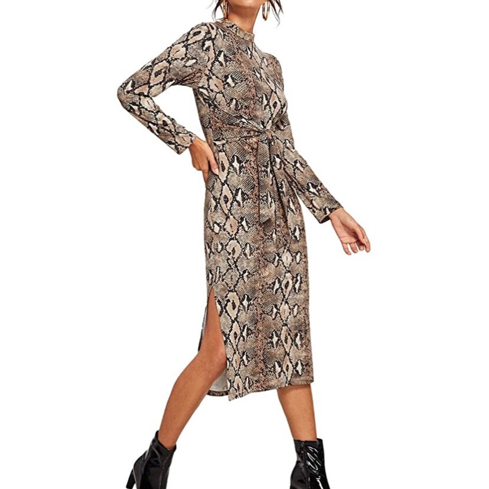 Women's Snakeskin Print Long Sleeve Tie Midi Dress